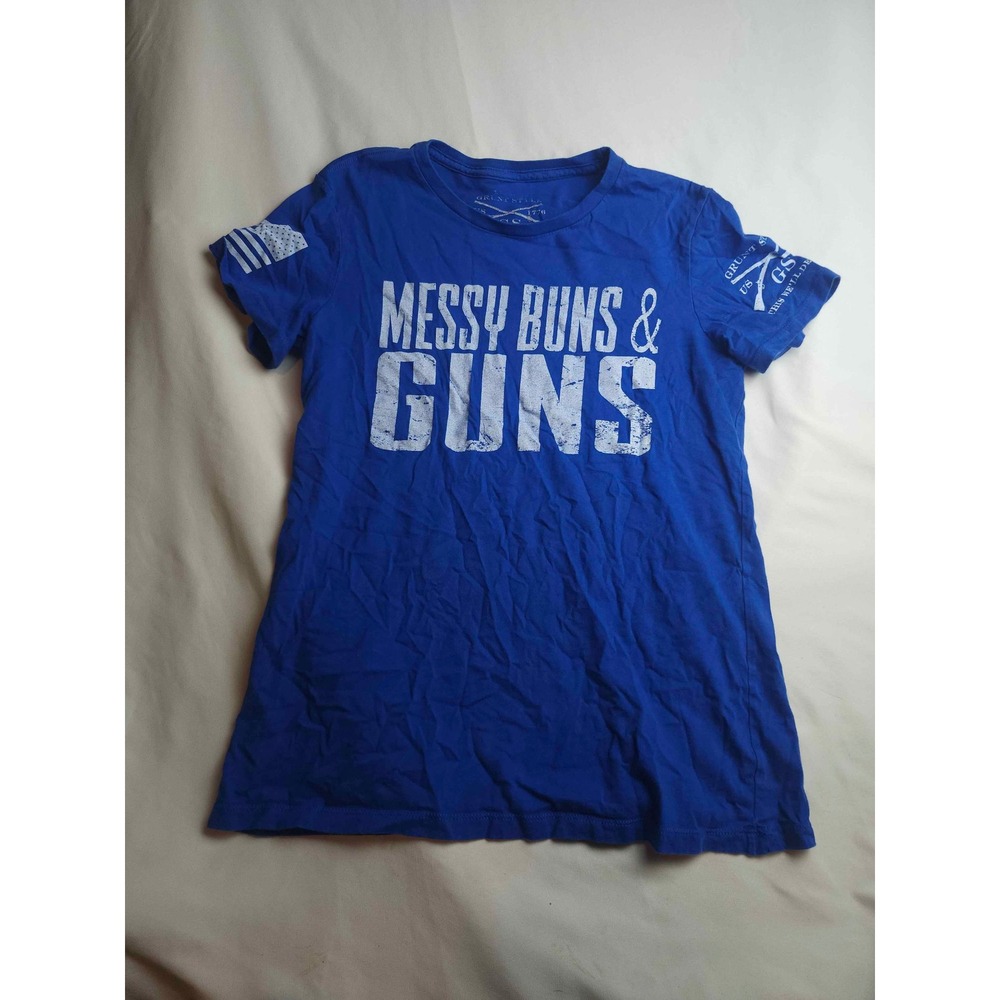 Grunt Style Messy Buns & Guns Blue Graphic T-Shirt Womens Small Cotton GS Tee